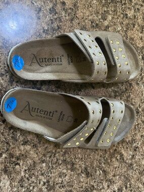 Autenti Taupe Slide Clogs with Gold Stud Accents